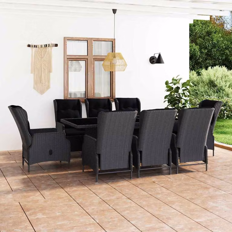 Set da pranzo da giardino vidaXL in polyrattan con cuscini e piano in vetro, 9 pezzi, grigio scuro