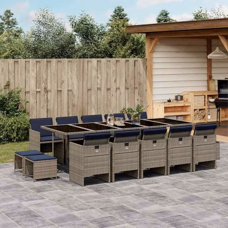 Set da pranzo da giardino vidaXL in polyrattan con cuscini da 15 pezzi, tavolo rettangolare in vetro e sedie in metallo, grigio