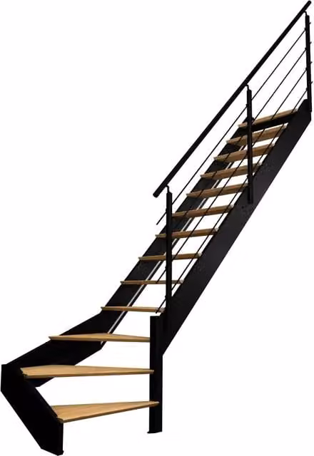 Scala Spectra BURGER a 1/4 di giro con corrimano a destra, struttura in alluminio nero e gradini in legno rovere o faggio – 1