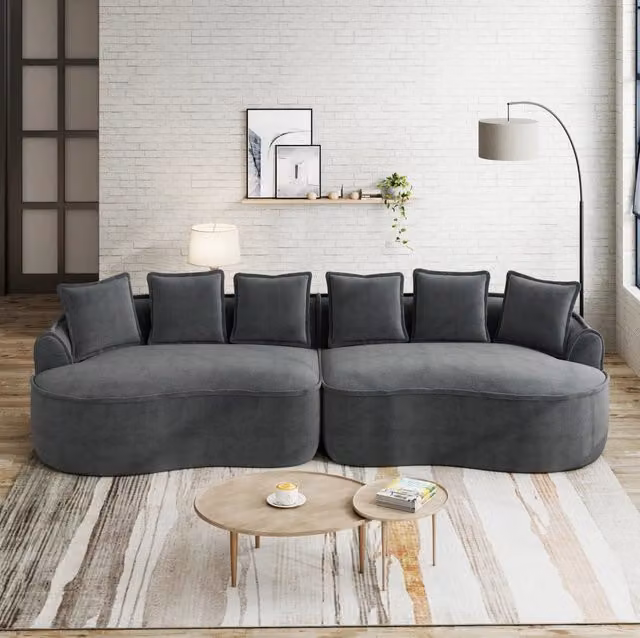 Divano modulare senza struttura con chaise longue profonda in ciniglia grigia