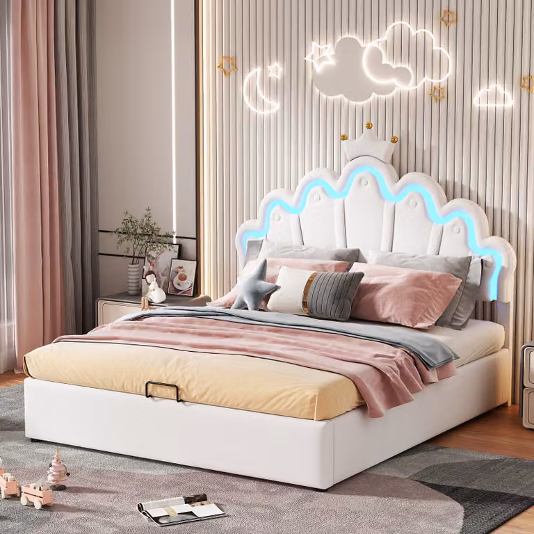 Letto imbottito Okwish 140 x 200 cm con testiera a , letto idraulico con illuminazione a LED, bianco