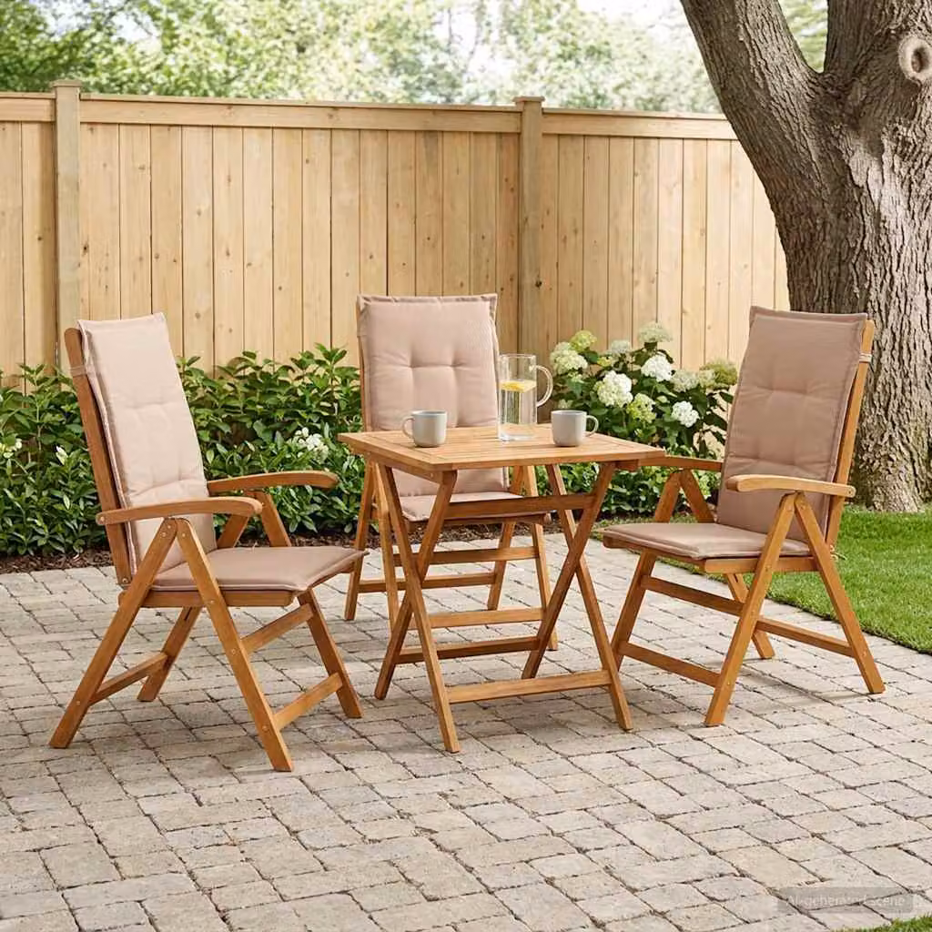 Set di 3 sedie da giardino reclinabili vidaXL in legno di acacia naturale con cuscini beige