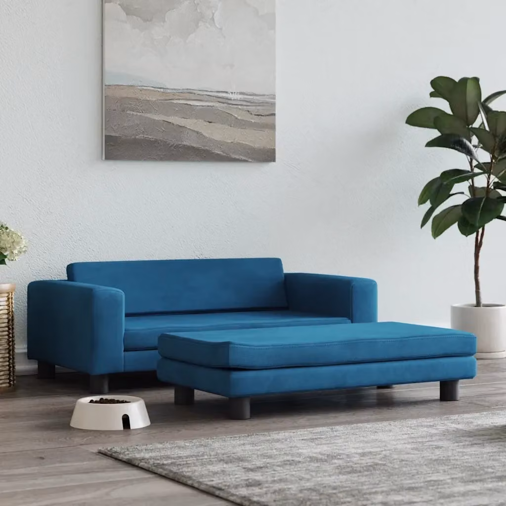 Lettino per cani con estensione blu in velluto e legno CFW6650437 L: 100 cm, P: 50 cm, H: 30 cm – 2