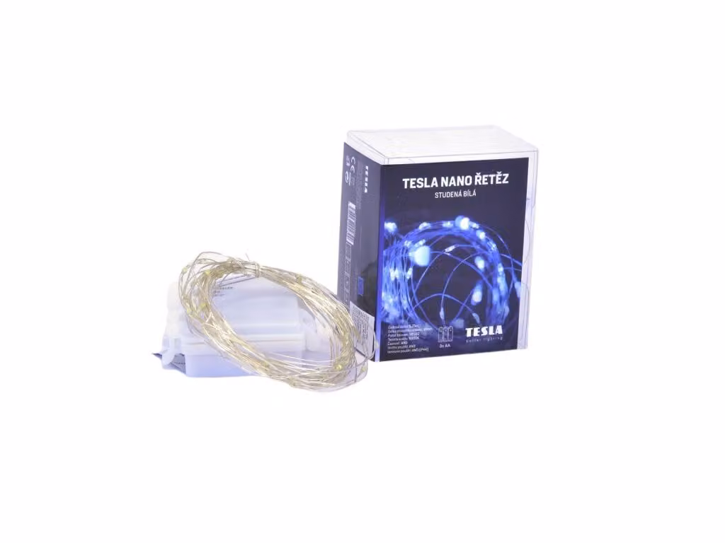 Tesla - catena a LED, 50 LED, 6500K, cavo di 5 metri + 30 cm, alimentazione a 3 batterie AA, timer, grado di protezione IP44