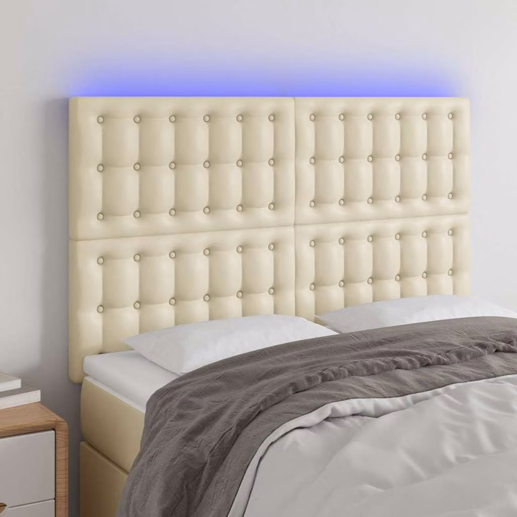 Testiera per letto vidaXL in similpelle beige con illuminazione LED e porta di ricarica USB, L 144 x P 5 x H 118/128 cm