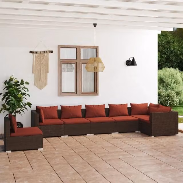 Set Divani da Giardino 7 pz con Cuscini in Polyrattan Marrone 3102339