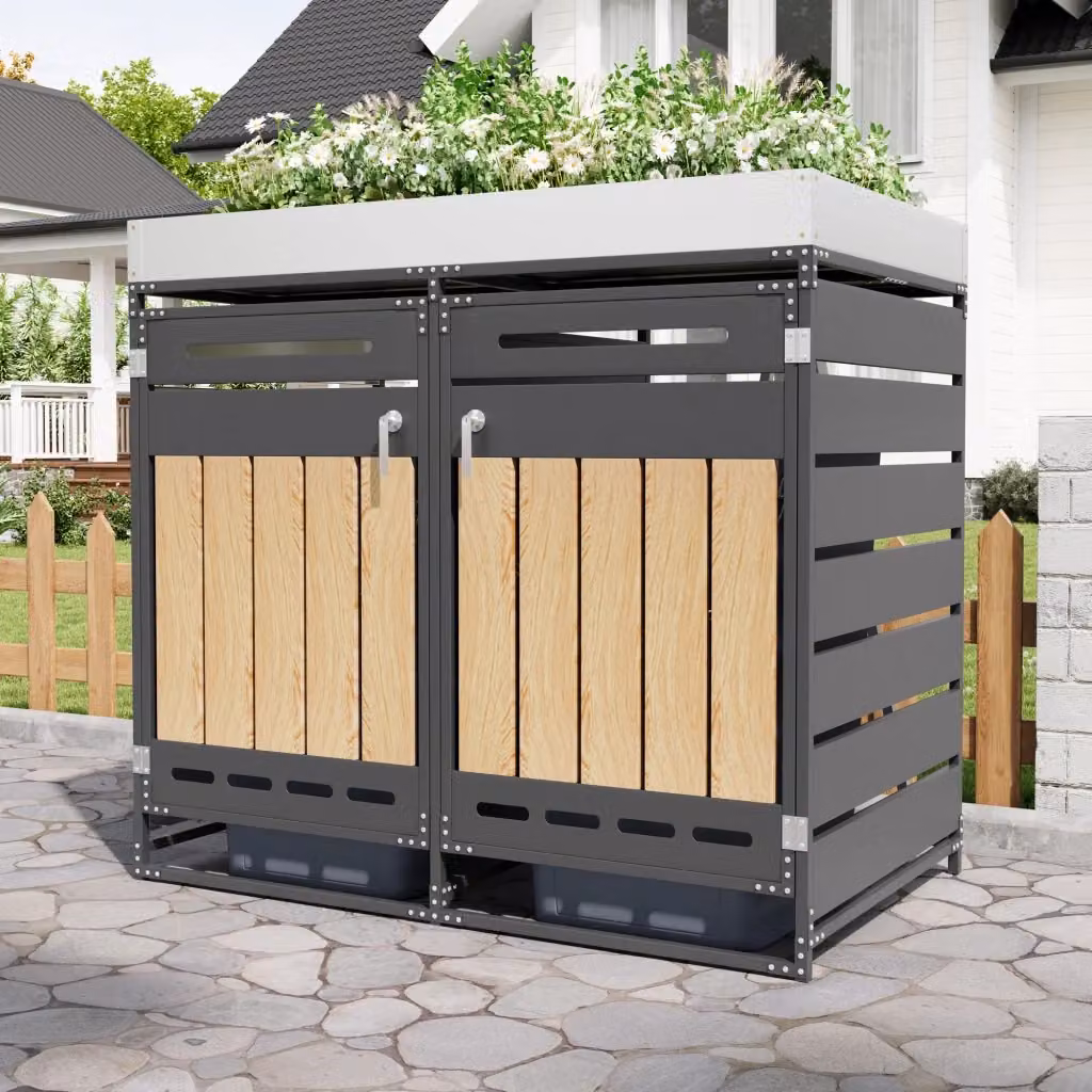 Armadio porta bidoni con fioriera integrata in ferro nero a 2 scomparti con serratura e ventilazione L/P/H: 131 x 79 x 120 cm – 2