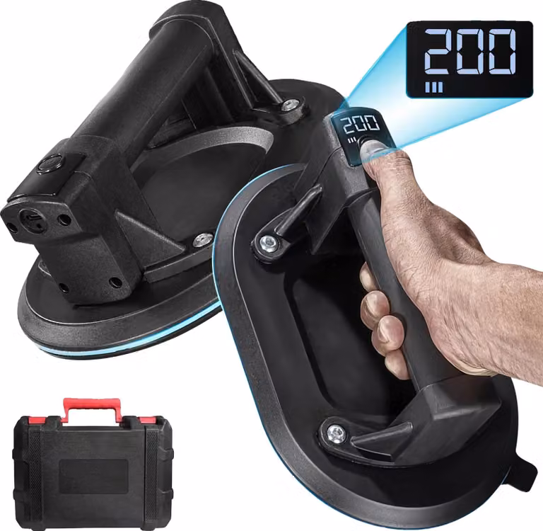Ventosa elettrica, diametro ventosa 200 mm, capacità di carico 200 kg, capacità batteria 1800 mAh, tempo di ricarica 2-3 ore, durata di utilizzo 12 ore