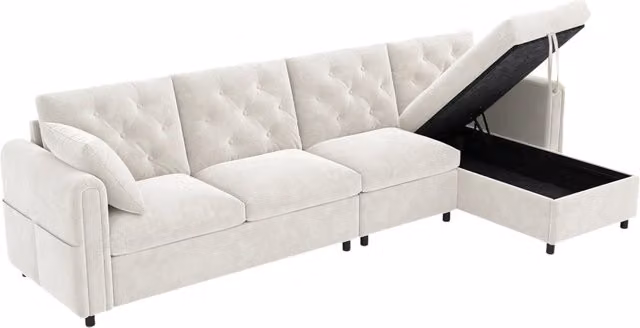 Divano angolare moderno beige con vano contenitore regolabile a L e tasche portaoggetti laterali, 281×86×71 cm