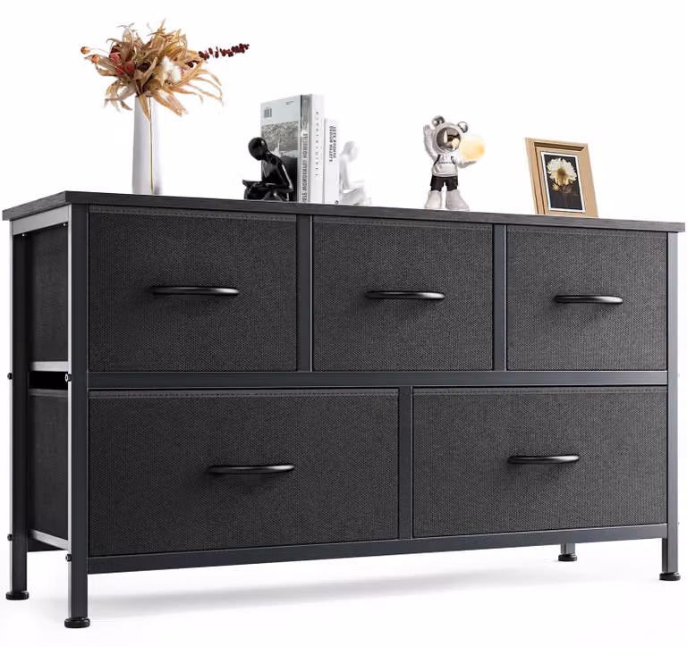 Comodino con 5 cassetti, in metallo e legno, ideale per la camera da letto