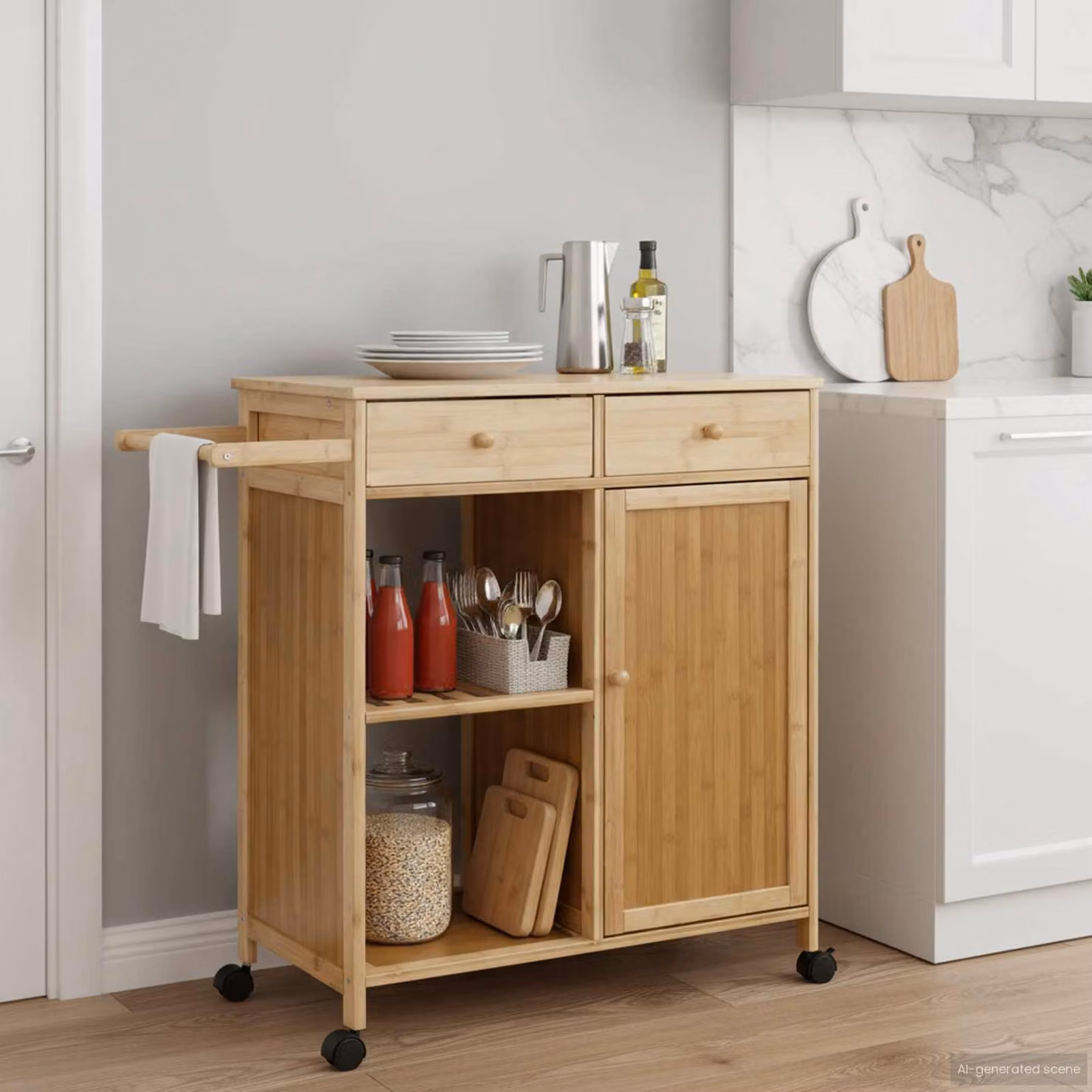 vidaXL Carrello da Cucina Moderno in Bambù con Ruote, Colore Naturale, L 90,5 x P 36 x H 86,5 cm