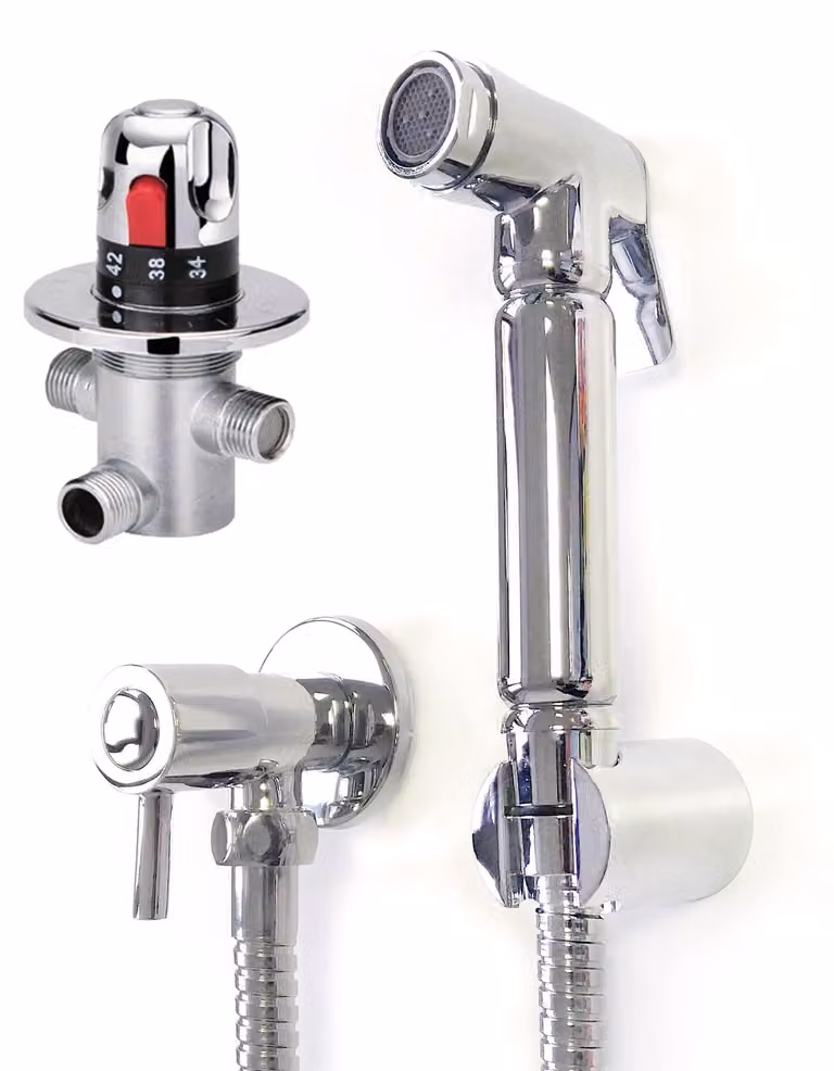 Termostato, bidet e doccia, finitura cromata, soffione in ottone, tubo flessibile da 1,2 metri