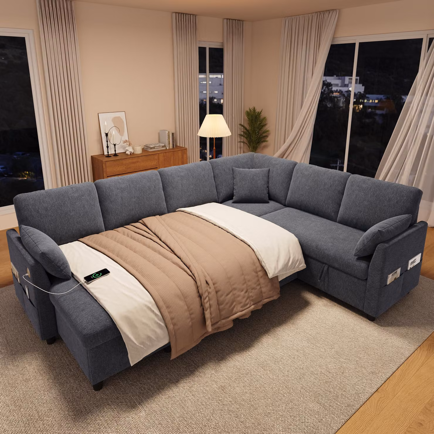Divano angolare Merax con meccanismo letto, divano 6 posti con chaise longue, spazio contenitivo, porta USB Type-C, tasche laterali, 3 cuscini, divano letto, grigio