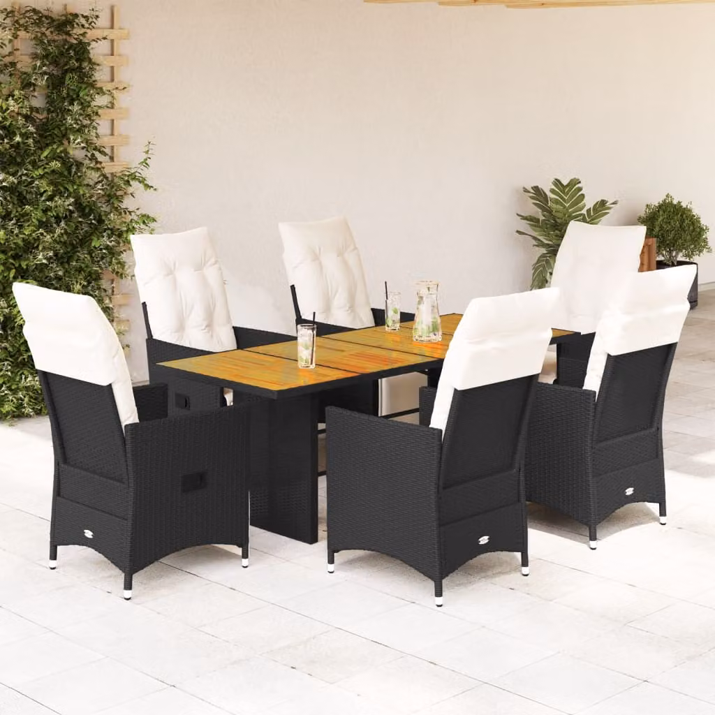 Set da pranzo da giardino vidaXL in legno di acacia oliato e polyrattan con 7 pezzi, nero e bianco – 1