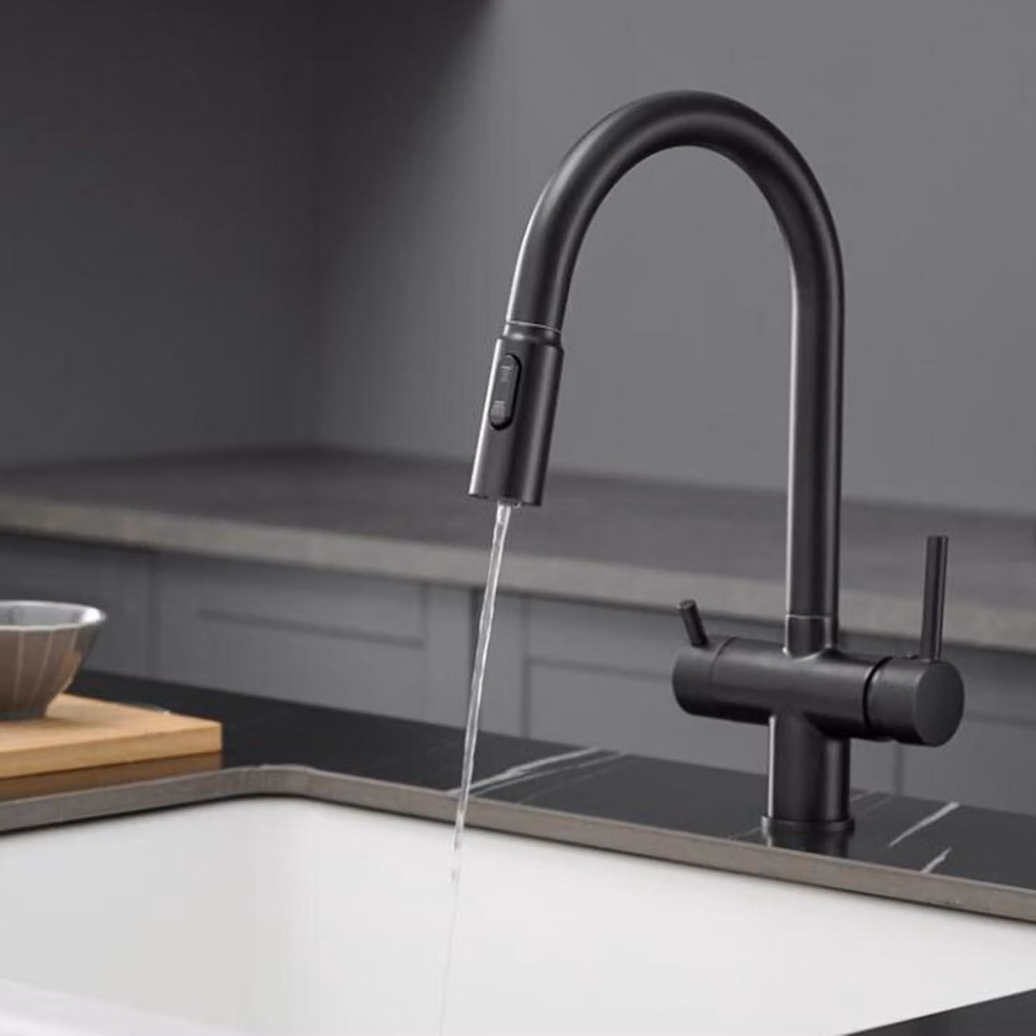 Rubinetto da cucina a 3 vie, estraibile, in ottone, con 2 maniglie, colore nero