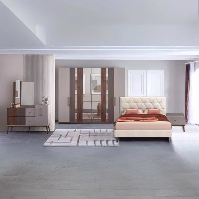 Set camera da letto moderna Pastel con letto contenitore, armadio, comò, specchio e comodini in finitura noce e caffè con dettagli grigio e beige