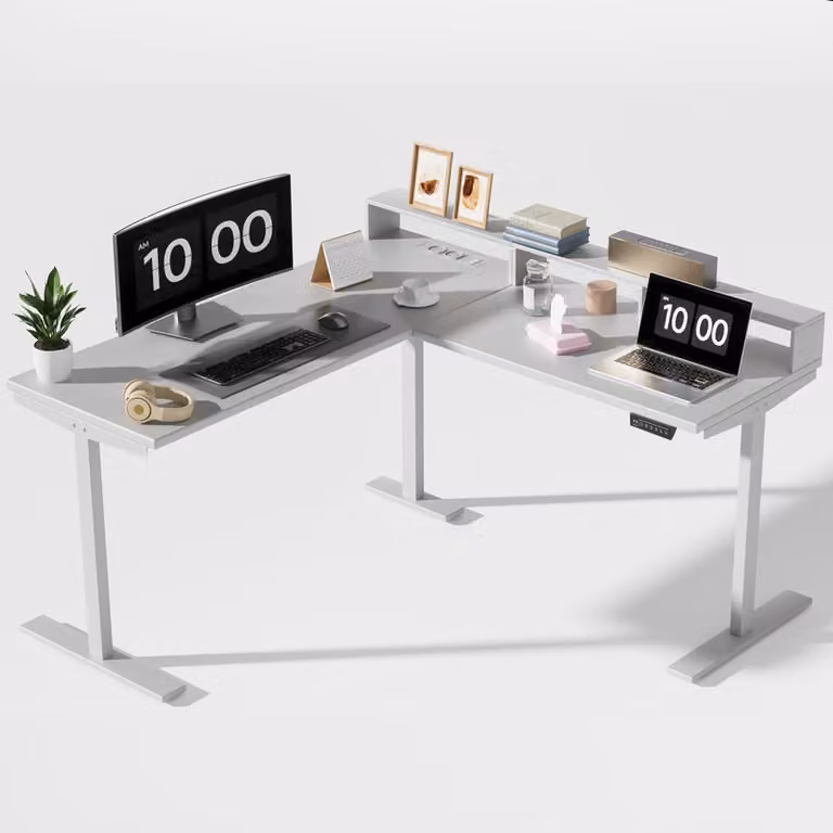 AIORBER scrivania a L regolabile in altezza, elettrica, con presa di corrente e USB, silenziosa, stabile, ergonomica, 73-118 cm, bianco