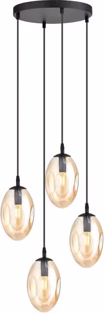 Lampada a sospensione minimalista Lancelot Luceart-Classic con 4 luci in metallo nero e vetro ambra trasparente