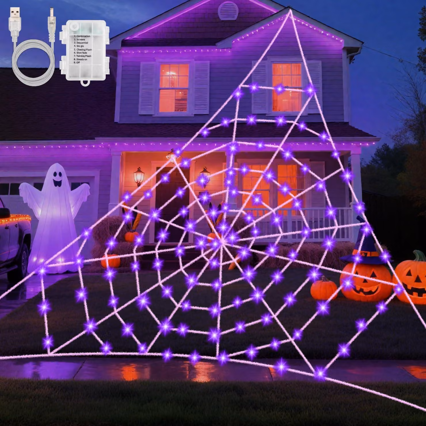 Catena luminosa a forma di ragnatela, 5x5 metri, 120 LED viola, con timer, impermeabile