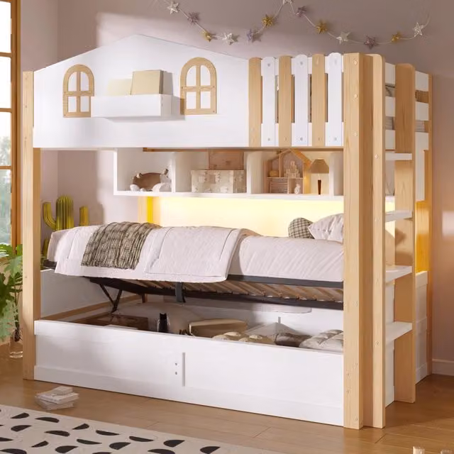 Letto a castello con design casetta REDOM per bambini in pino massello e MDF, bianco e beige, L/P/H: 213.5 x 103.5 x 162.0 cm