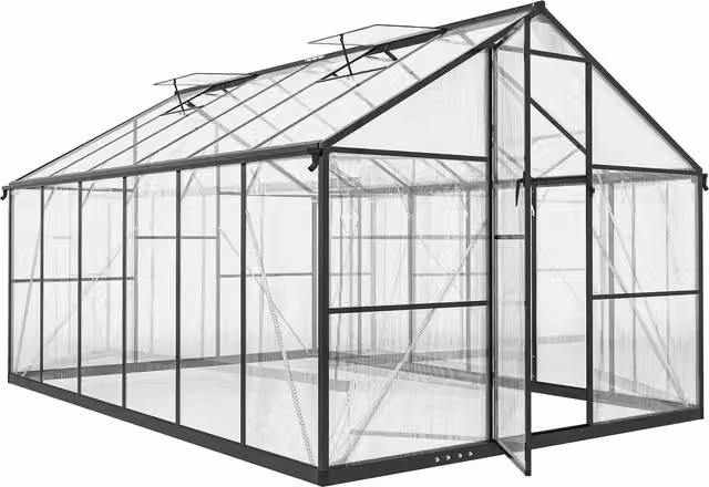 Serra da giardino Outsunny in alluminio e policarbonato con finestre superiori regolabili, Nero, L: 363 cm, P: 247 cm, H: 205 cm