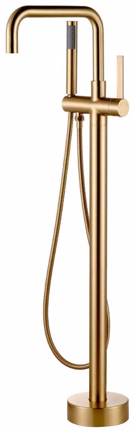 Miscelatore monocomando freestanding per vasca da bagno, in ottone dorato, con doccetta manuale girevole a 360°, montaggio a pavimento