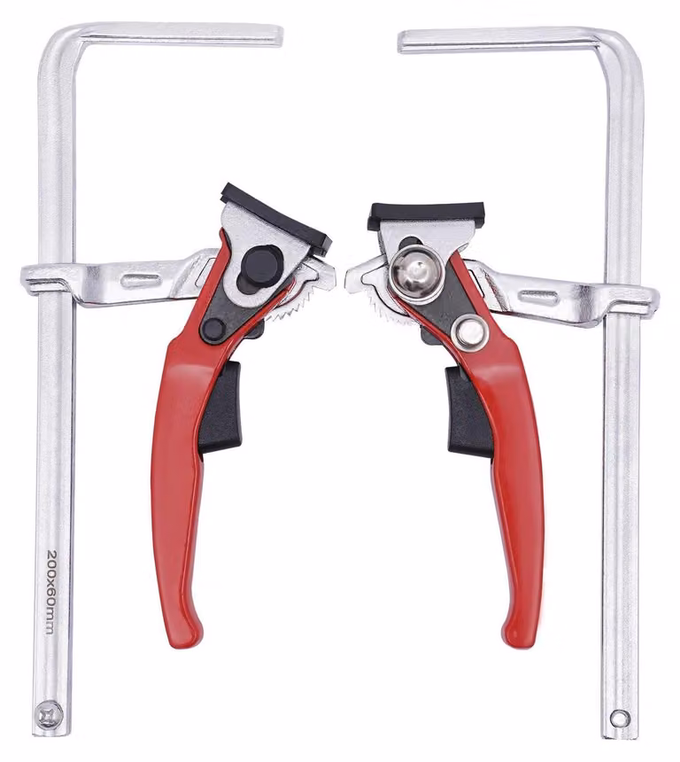 Set di 2 morsetti a cricchetto - morsetti per guide - capacità di carico elevata, 220 kg - portata, 200 mm, profondità 60 mm - per lavorazione del legno e del metallo - rosso/argento