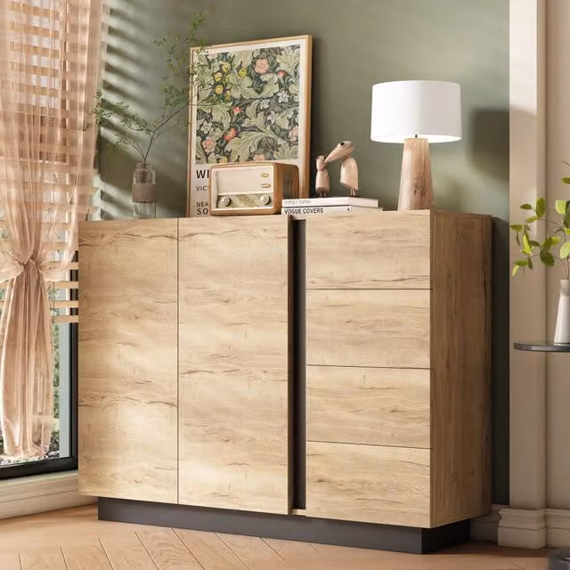 Credenza moderna REDOM con 4 cassetti e 2 ante, colore nero e beige, L 120 cm x P 35,5 cm x H 90,5 cm