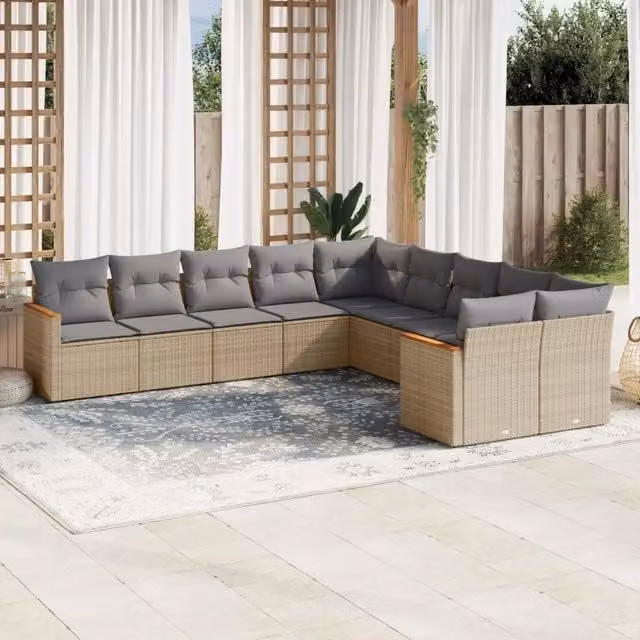 vidaXL Set Divano da Giardino 10 pz a L in Polyrattan con Cuscini Beige e Grigio – 1
