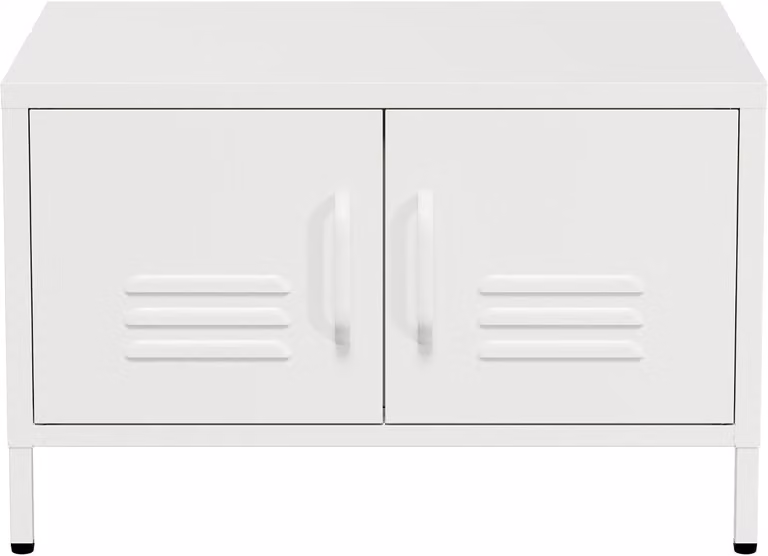Tavolino con spazio contenitivo, dimensioni 68x50x43,5 cm, bianco con struttura in metallo, ideale per il soggiorno