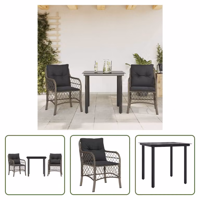 The Living Store Set bistrot 3 pezzi con cuscini in poly rattan grigio