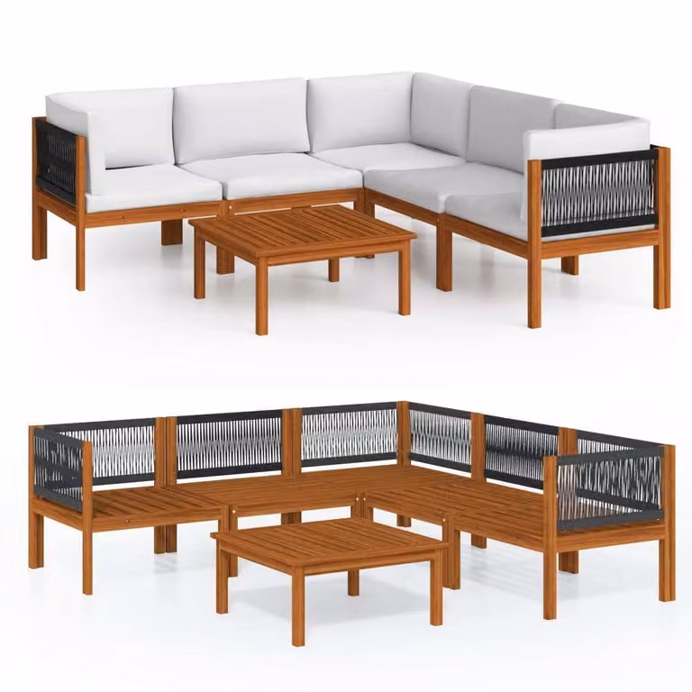 Set da giardino 6 pezzi con cuscini in legno crema, acacia e corda