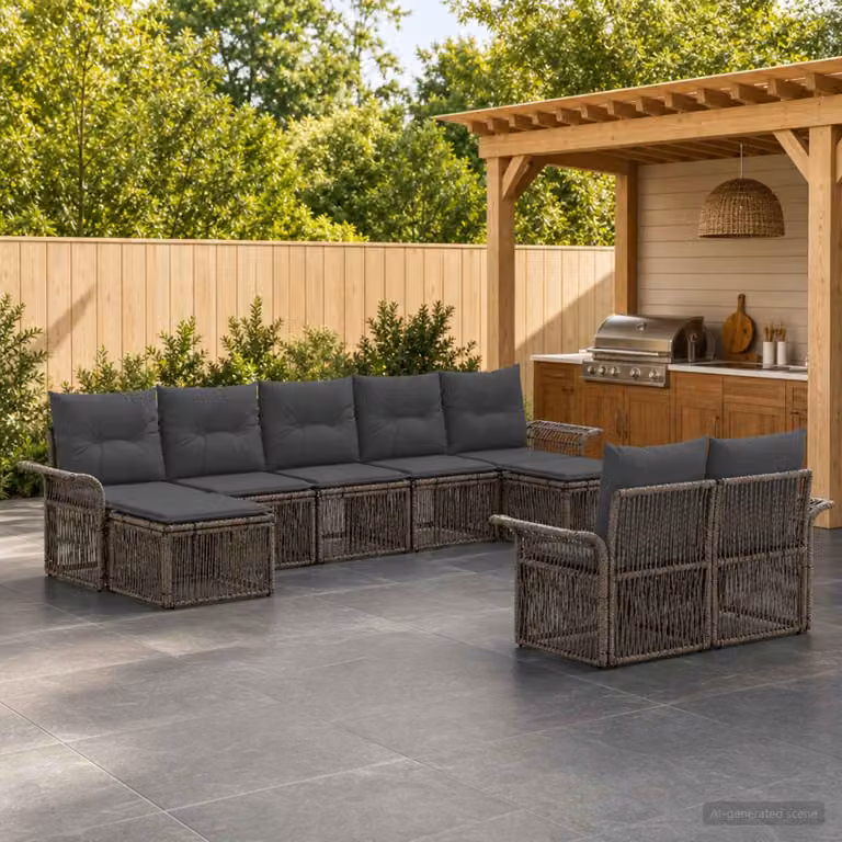 Set Divano da Giardino vidaXL 9 pz a Forma a U in Polyrattan Grigio con Cuscini e Struttura in Acciaio