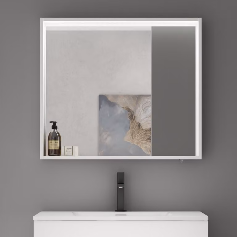 doporro Armadietto a Specchio con Luce 80x12x70cm, Specchio da Parete con Luce LED e Ripiano in Legno Bianco opaco Spiegelschrank-01