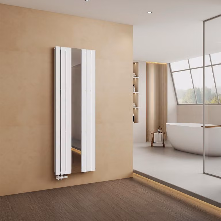 Radiatore di design EMKE con specchio, verticale 1800x608 mm, radiatore da bagno ad acqua calda 1788 W, radiatore a pannello a doppio strato, radiatore da parete per soggiorno, bianco