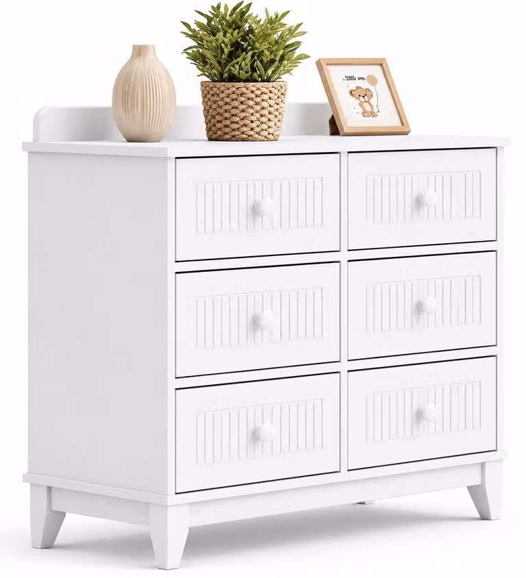 Comodino moderno bianco con 6 cassetti, ideale per una cameretta elegante