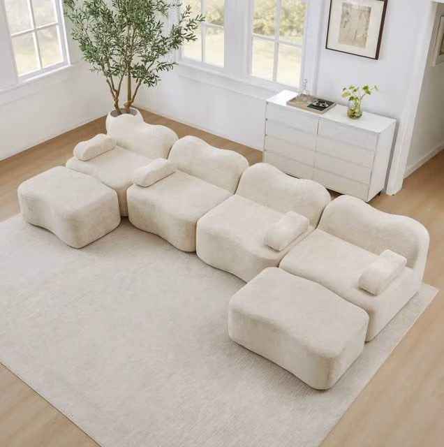 Divano modulare angolare MODFU reversibile a forma di U o L in velluto beige, L/P/H: 384 x 167 x 70 cm
