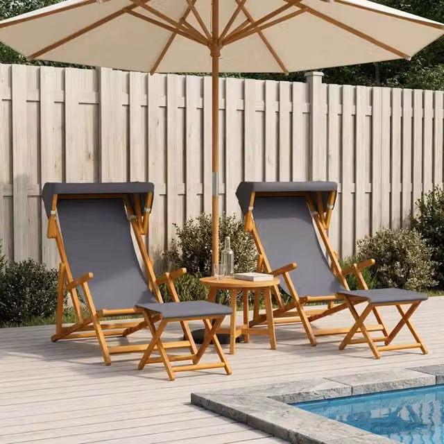 Set di 4 lettini prendisole vidaXL in legno di eucalipto massello con schienale regolabile e tessuto resistente ai raggi UV, colore grigio
