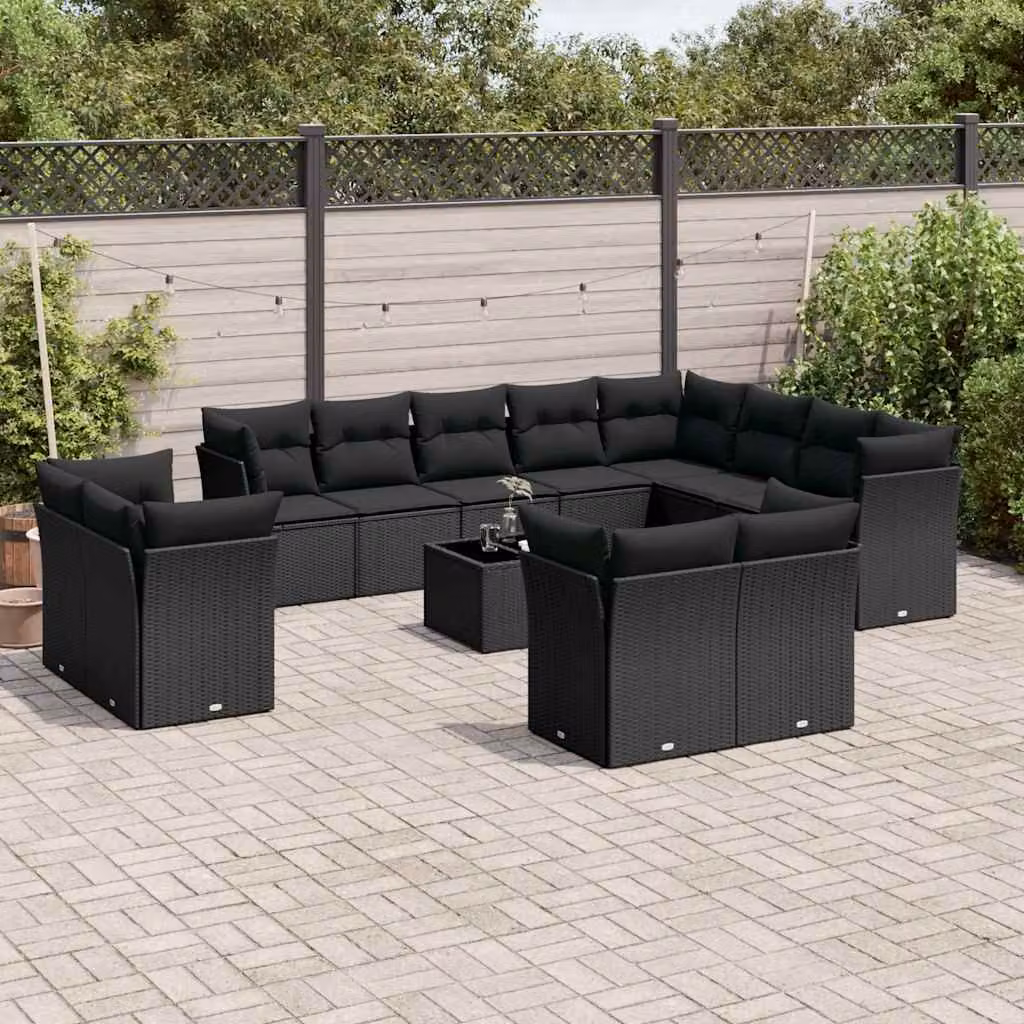 vidaXL Set Divani da Giardino a Forma di U con Cuscini e Tavolino da Caffè in Polyrattan Nero – 1
