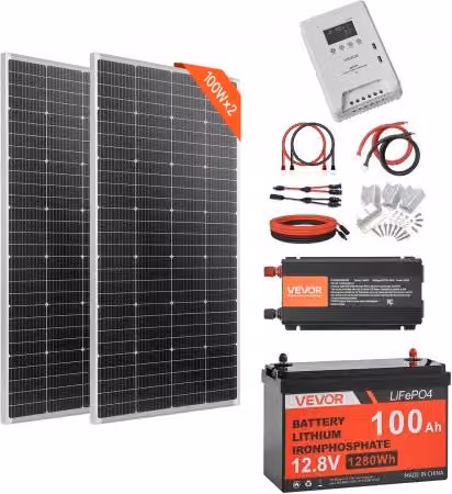 VEVOR Kit Solare Off-Grid 400W 12V con 2 Pannelli Monocristallini da 200W, Batteria LiFePO4 12,8V 100Ah, Regolatore MPPT 40A e Inverter 1000W, Colore Nero