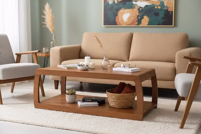 Tavolino da salotto moderno, minimalista, marrone, elegante, di classe, confortevole
