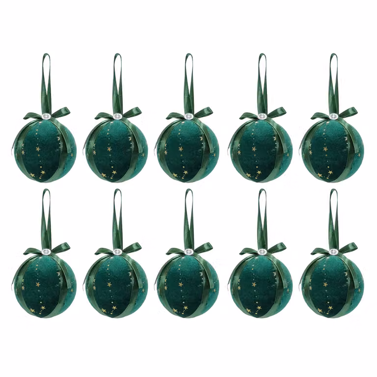 VESTIAMO CASA Set di 10 palline di Natale in tessuto verde e oro con decorazioni a stelle, diametro: 6 cm