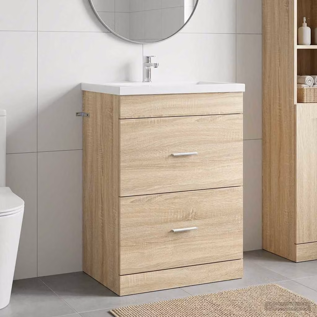 Mobiletto da bagno sottolavabo vidaXL in Rovere Sonoma con cassetti e ante, L 56 cm x P 37,5 cm x H 81 cm