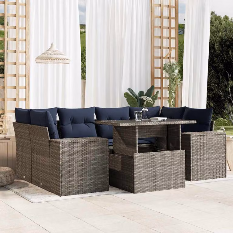 Set di divani da giardino vidaXL in polyrattan grigio con 7 pezzi, include cuscini imbottiti e tavolino da esterno per l'area relax