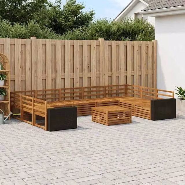 Set di divani da esterno vidaXL a forma di U in legno di acacia con cuscini beige e marrone e tavolino da caffè coordinato