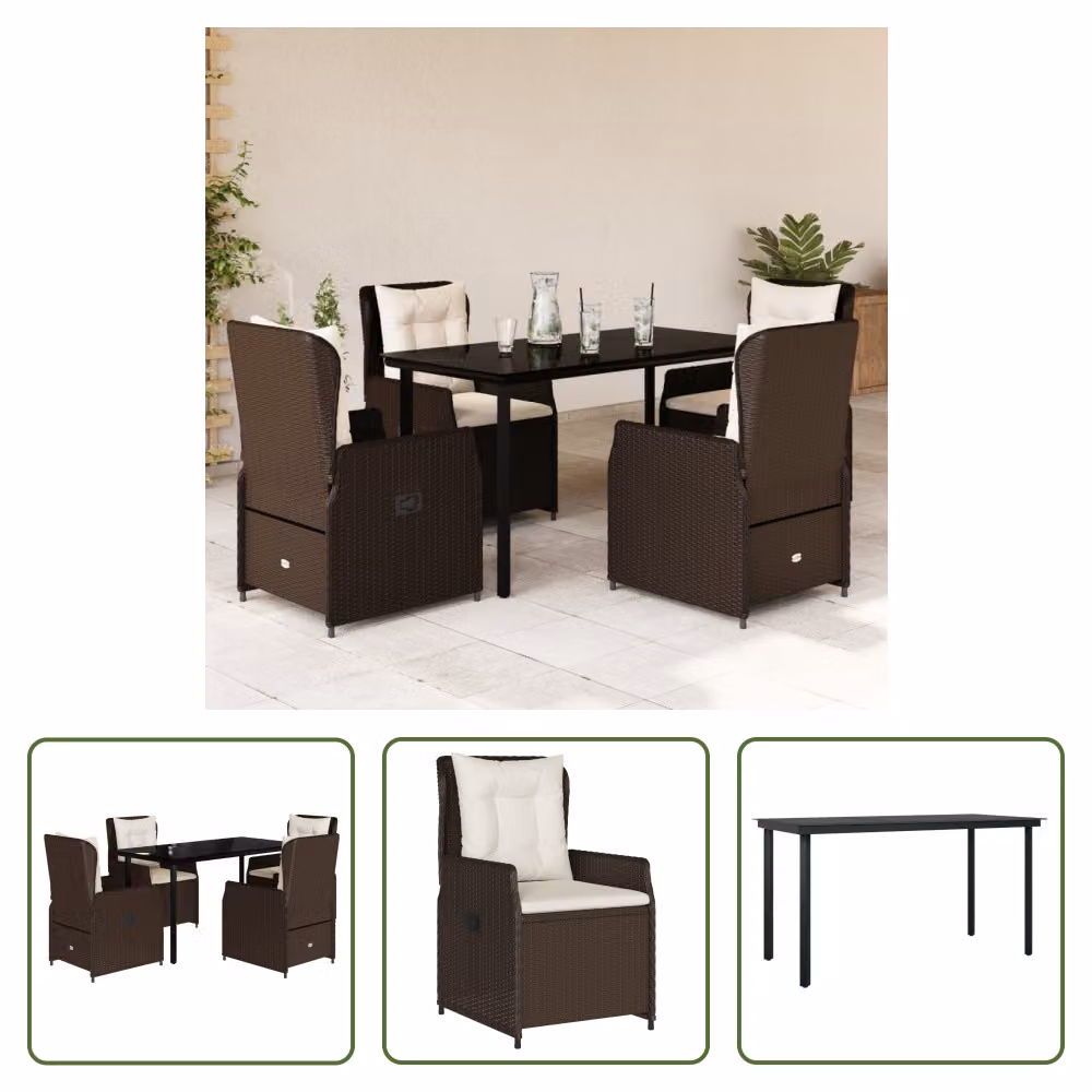 The Living Store Set da pranzo da giardino 5 pezzi con cuscini in polirattan marrone