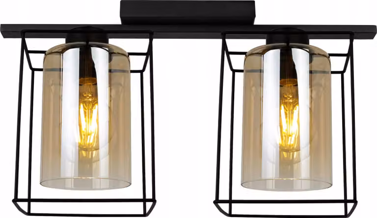Hella Cage - Lampada da soffitto per soggiorno, camera da letto e sala da pranzo - Lampada a sospensione in metallo e vetro - E27 - Miele - 2 fiamme
