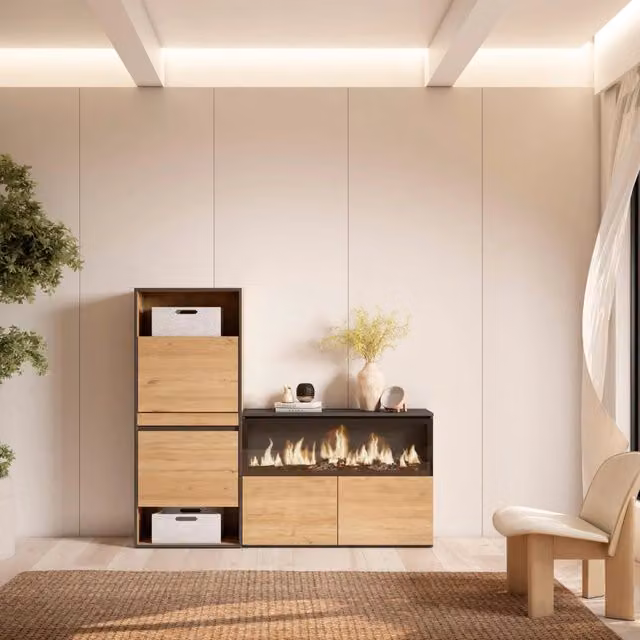 Scarpiera, 167x35x145cm, Camera da letto, Camino elettrico XXL, colore Rovere RF3562