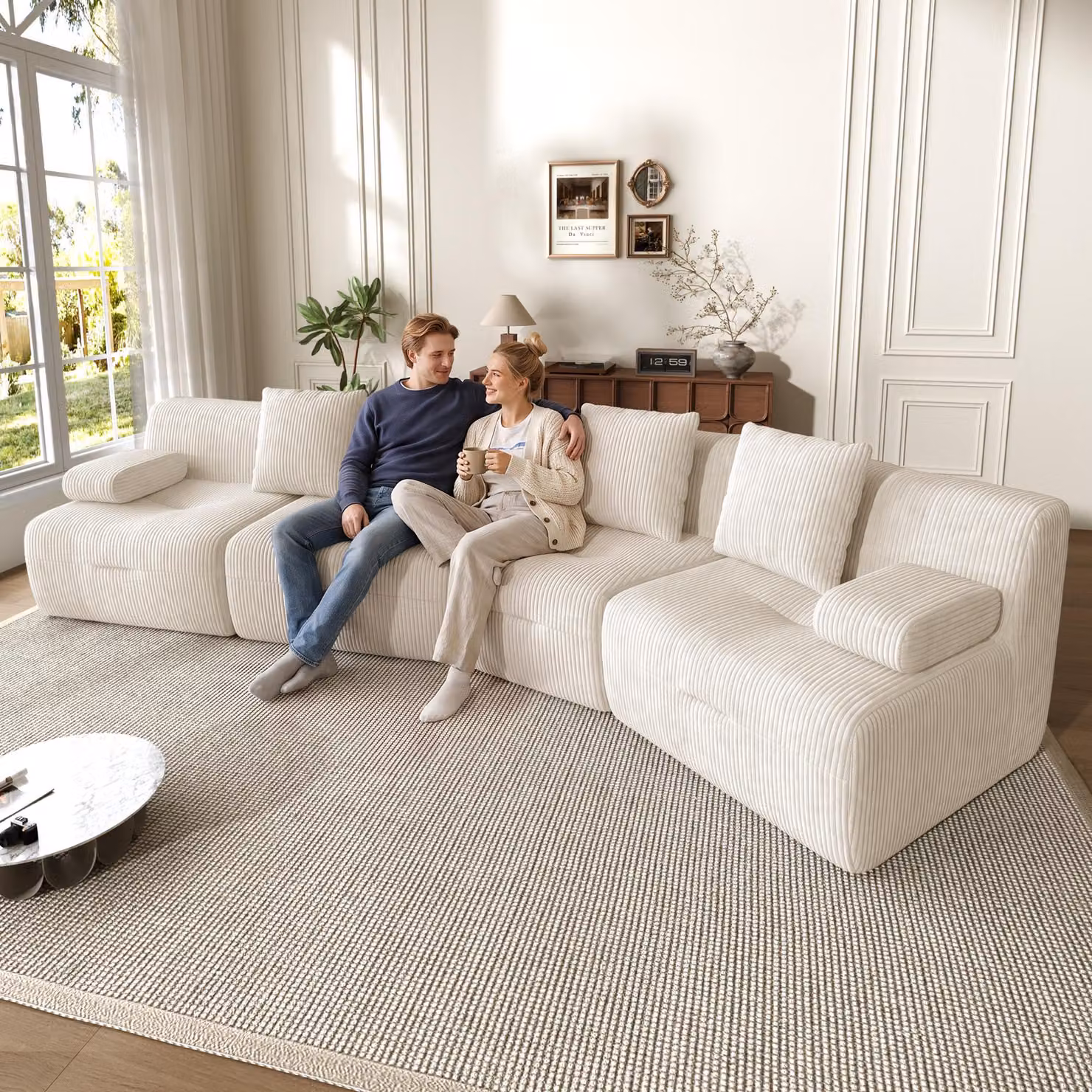 Divano modulare Merax, 4 posti, rivestito in tessuto corduroy, composto da 4 moduli componibili, divano pieghevole che non richiede montaggio, capacità di carico di 400 kg, dimensioni 311 x 90 x 65 cm, colore bianco