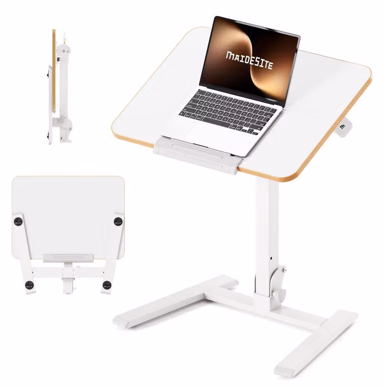 Tavolino pieghevole per laptop, regolabile in altezza, con rotelle, senza necessità di montaggio, 65x48 cm, bianco